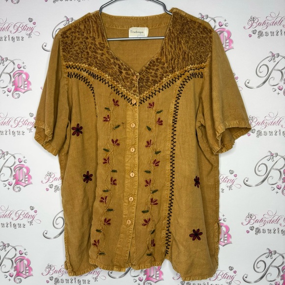 Tradition plus shirt button up western vintage embroidery floral tan belted luxe - Picture 5 of 10